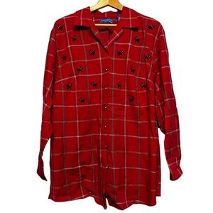 VTG Karen Scott Red Plaid Tunic Button Down Shirt Embroidered Scottie Dogs Sz 1X